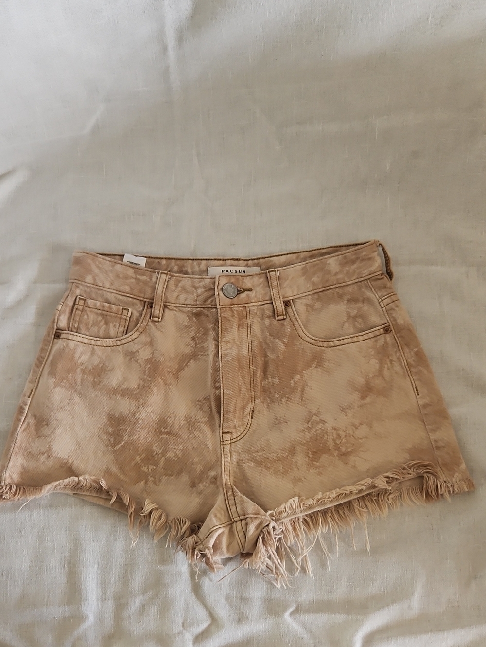 PacSun Beige Tie-Dye Frayed Hem Denim Shorts